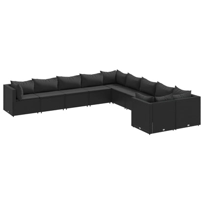 10-delige Loungeset met kussens poly rattan zwart