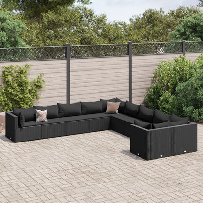 10-delige Loungeset met kussens poly rattan zwart