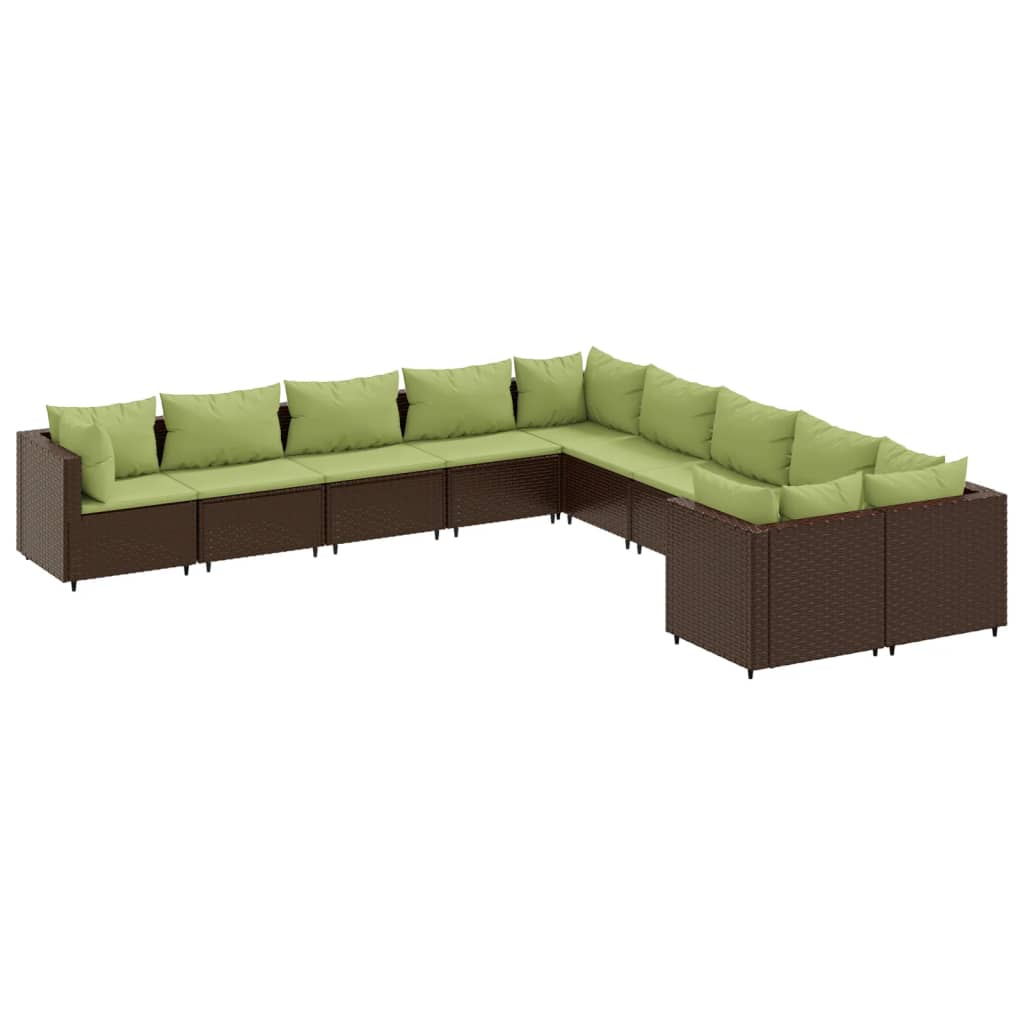 10-delige Loungeset met kussens poly rattan bruin