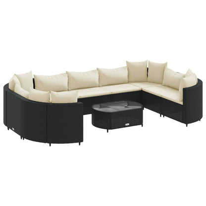 10-delige Loungeset met kussens poly rattan zwart