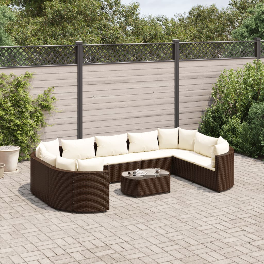 10-delige Loungeset met kussens poly rattan bruin