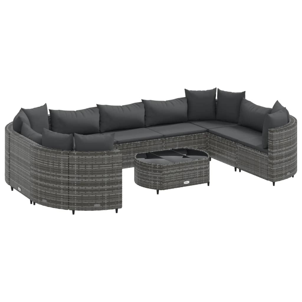 10-delige Loungeset met kussens poly rattan grijs