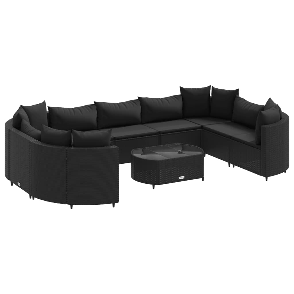 10-delige Loungeset met kussens poly rattan zwart