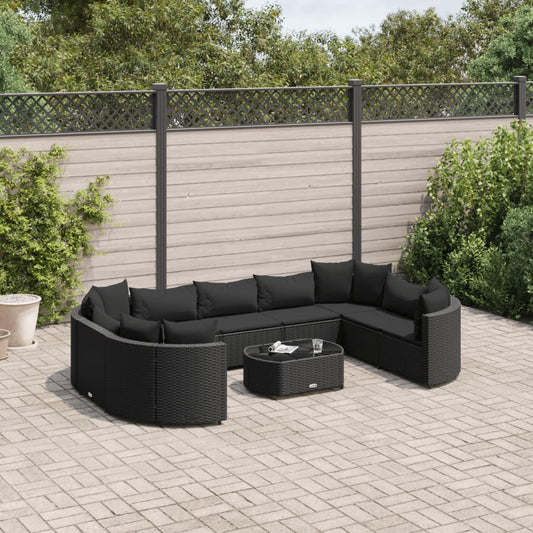 10-delige Loungeset met kussens poly rattan zwart