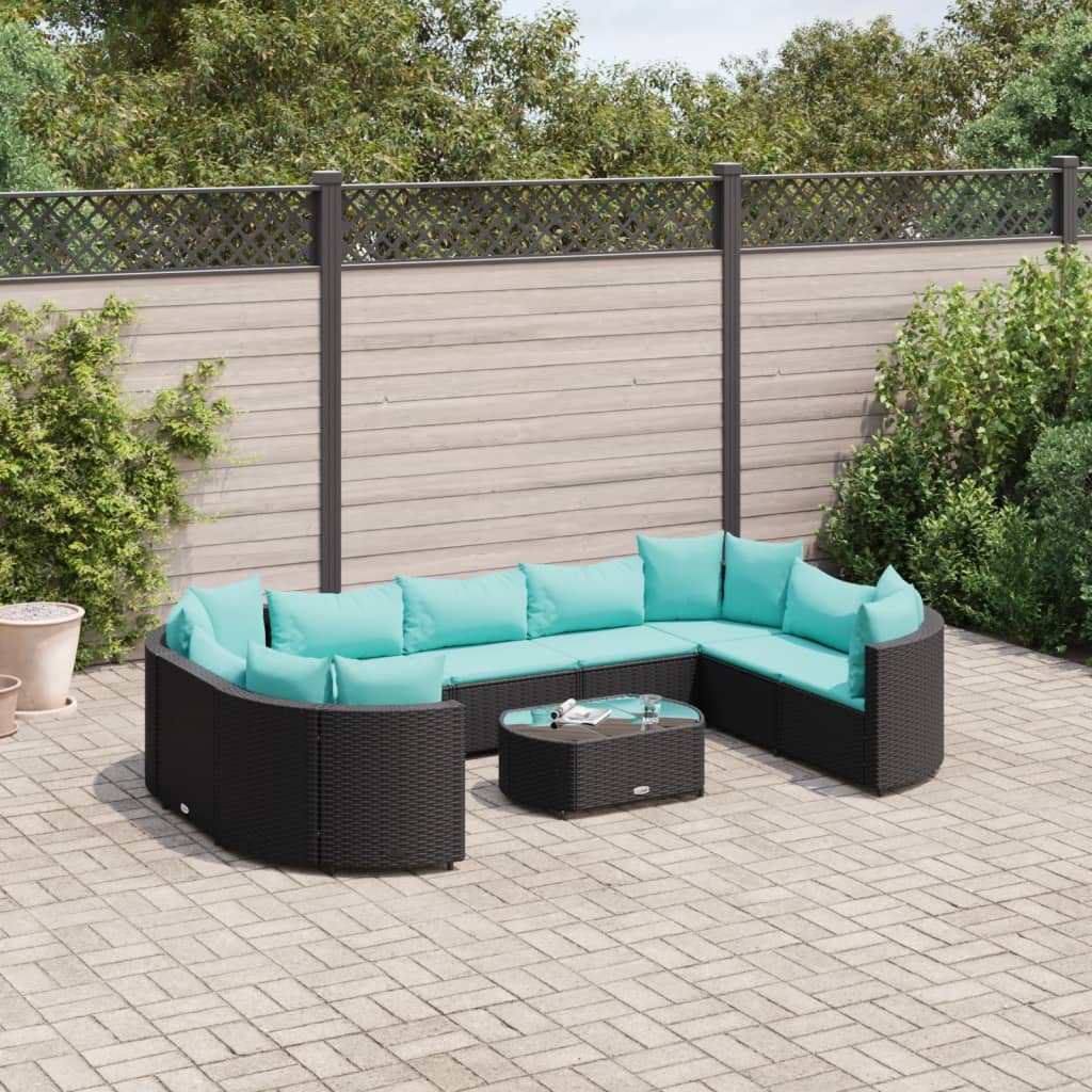 10-delige Loungeset met kussens poly rattan zwart