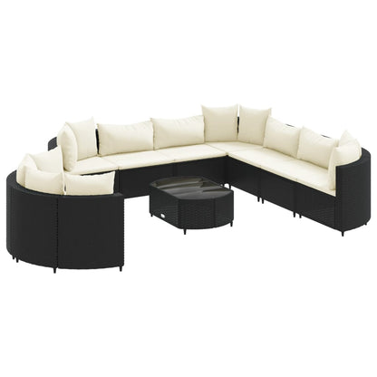 10-delige Loungeset met kussens poly rattan zwart