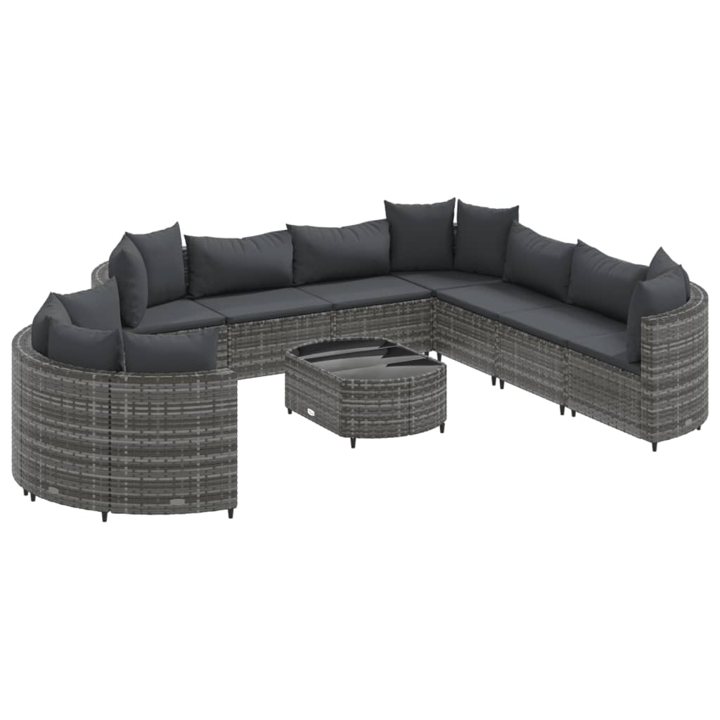 10-delige Loungeset met kussens poly rattan grijs