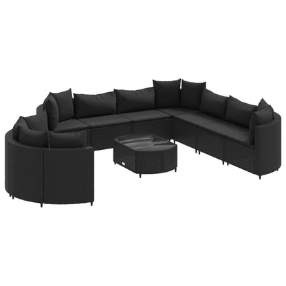 10-delige Loungeset met kussens poly rattan zwart