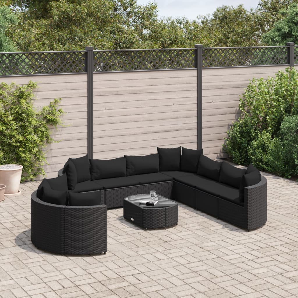 10-delige Loungeset met kussens poly rattan zwart