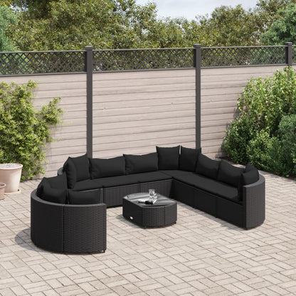 10-delige Loungeset met kussens poly rattan zwart