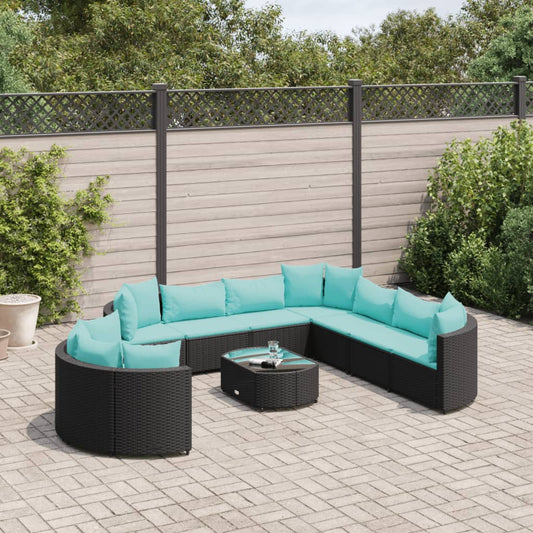 10-delige Loungeset met kussens poly rattan zwart