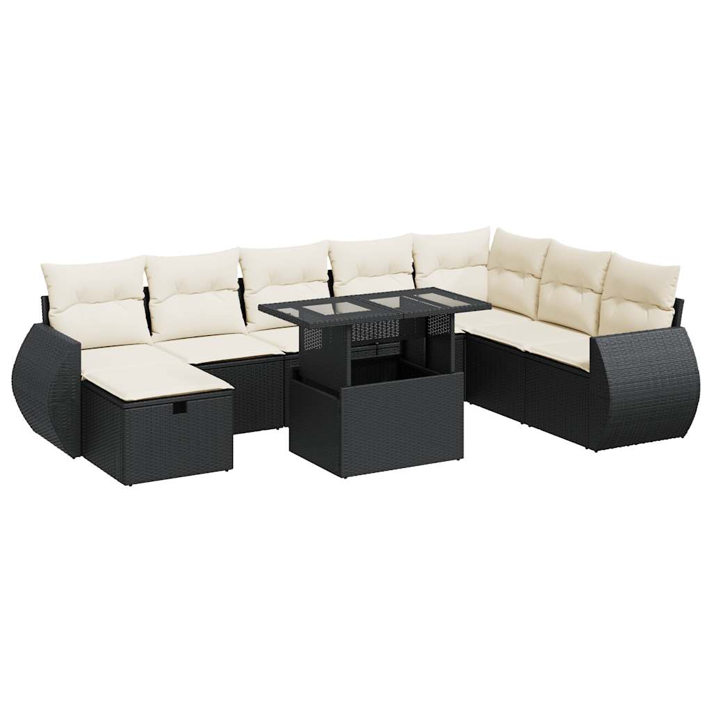 9-delige Loungeset met kussens poly rattan zwart