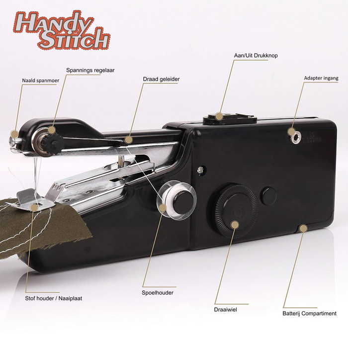 Handy Stitch - PREMIUM Handnaaimachine - Met 3 Spoelen garen en accessoires - Draadloos - Elektrisch of op batterijen - Zwart