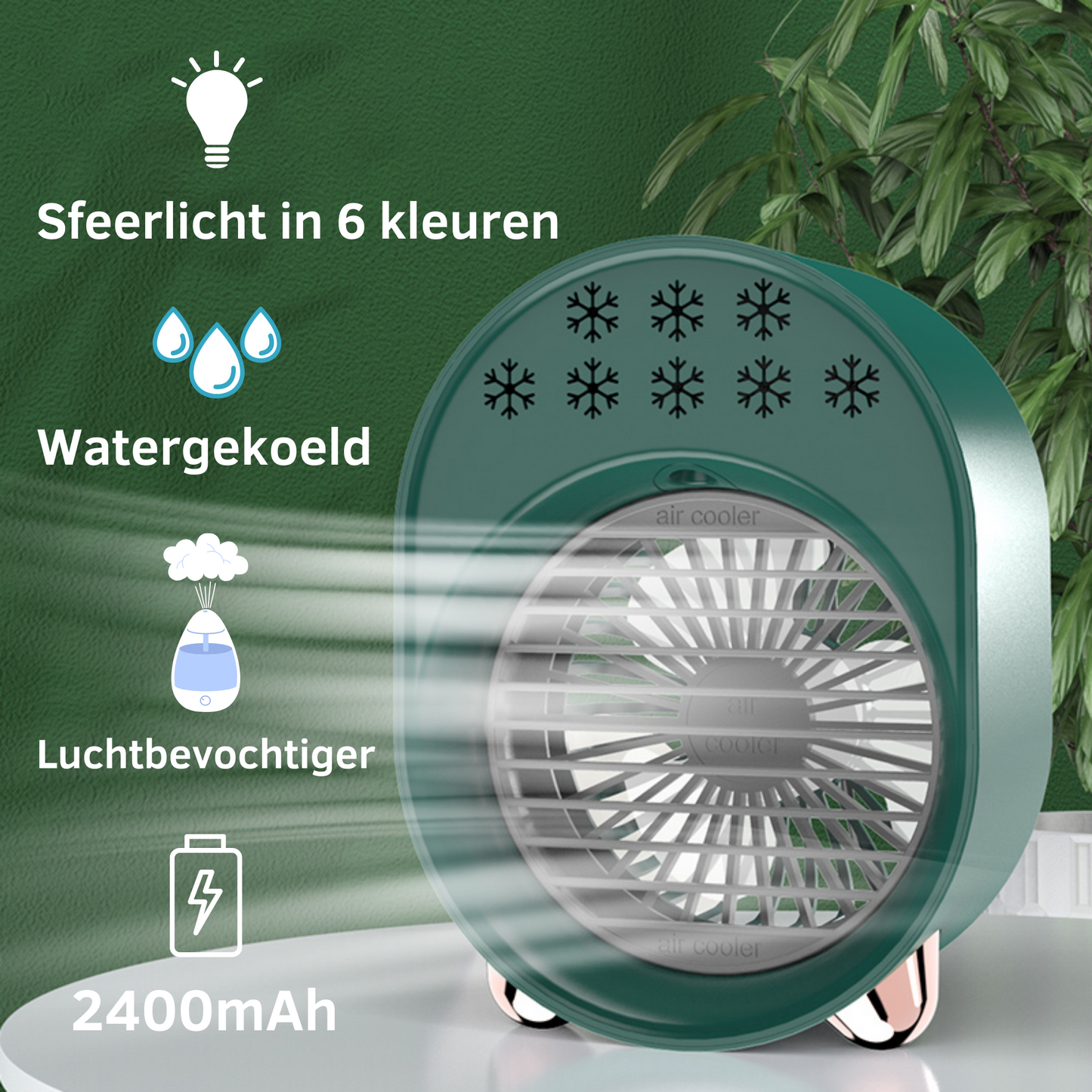 Accu Tafelventilator -- Air Cooler met Spray vernevelingsfunctie - Groen