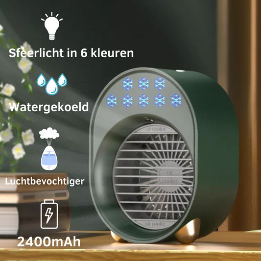 Accu Tafelventilator -- Air Cooler met Spray vernevelingsfunctie - Groen