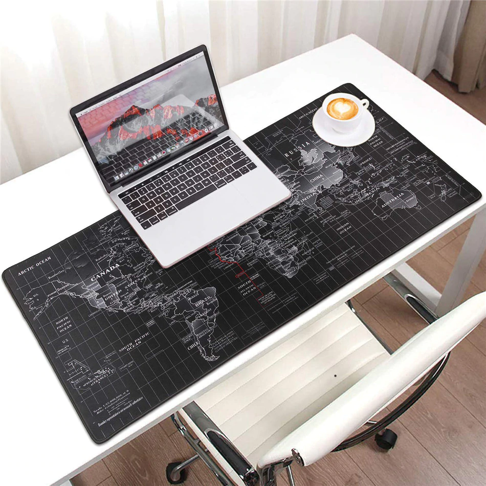 Muismat -- 90x40Cm -- Wereldkaart - zwart -- Full Collor -- Worldmap Mousepad -- Waterproof