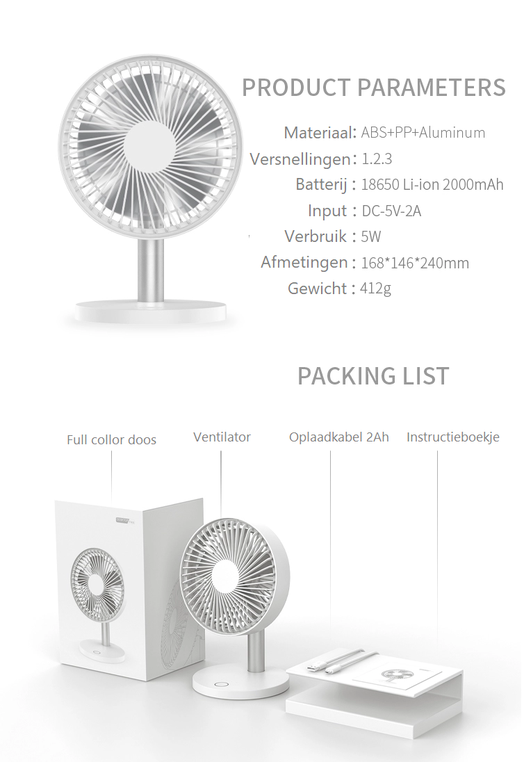 Accu Tafelventilator -- 2000mAh -- Draadloos -- Ventilator -- USB oplaadbaar -- 50° Draaibaar -- 38° Kantelbaar