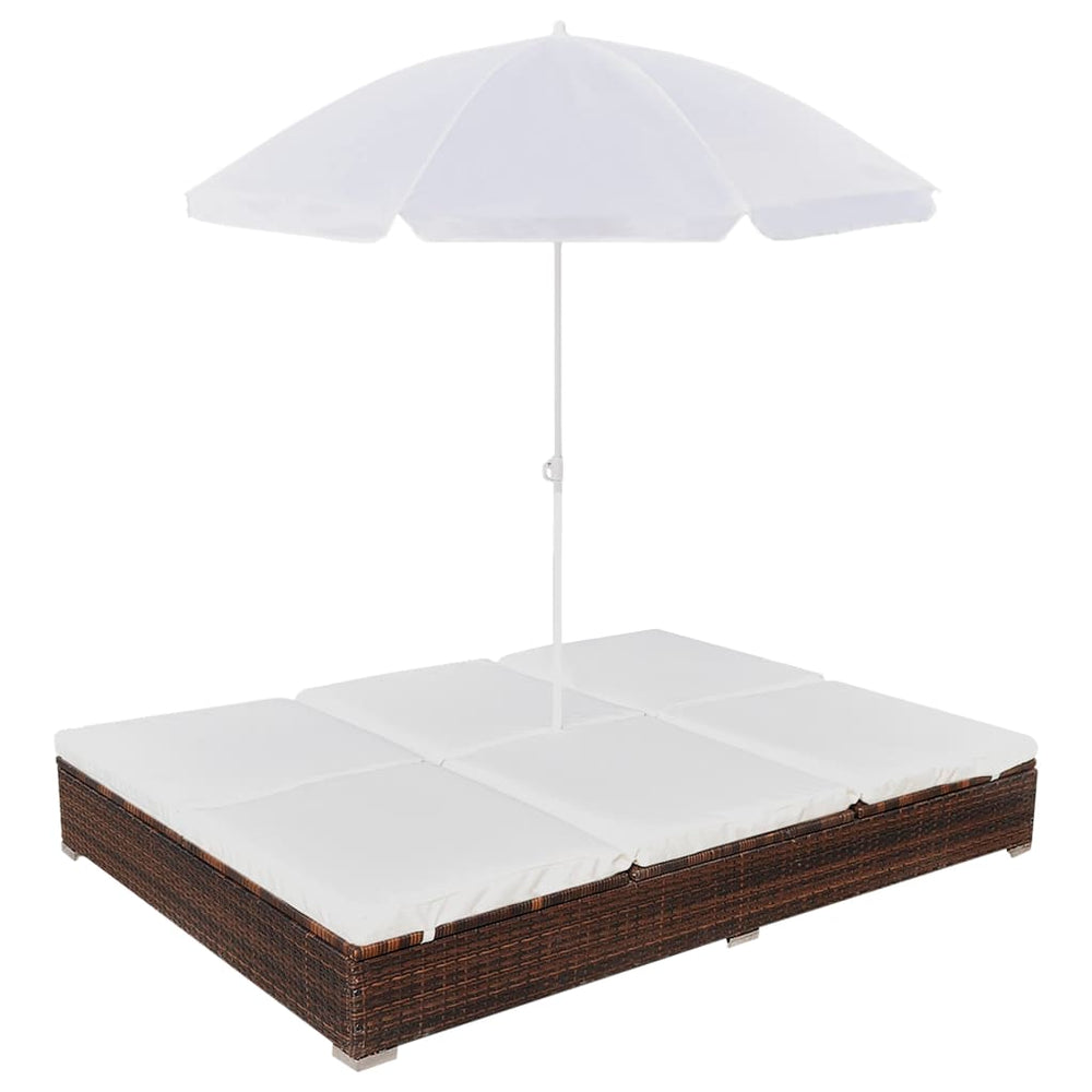 Loungebed met parasol poly rattan bruin