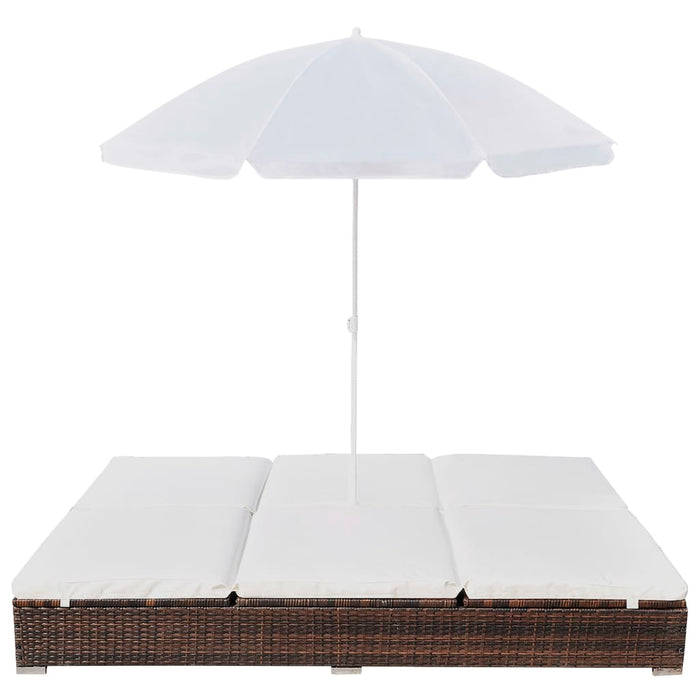 Loungebed met parasol poly rattan bruin