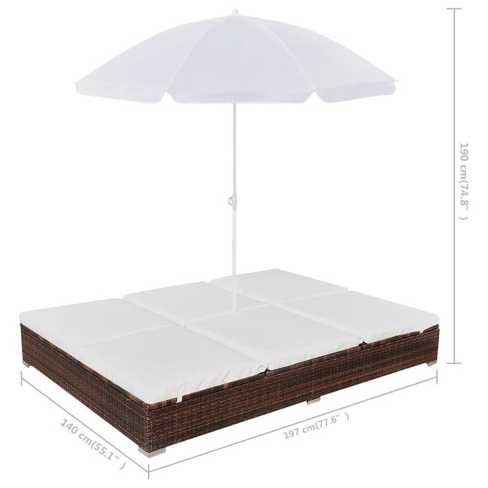 Loungebed met parasol poly rattan bruin