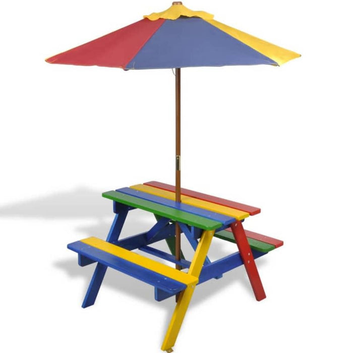 Kinderpicknicktafel met banken en parasol hout meerkleurig