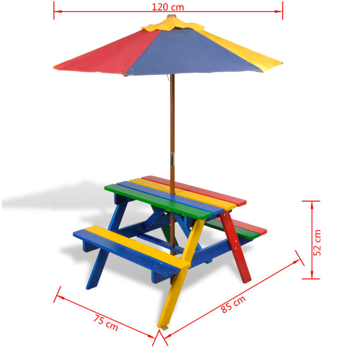 Kinderpicknicktafel met banken en parasol hout meerkleurig