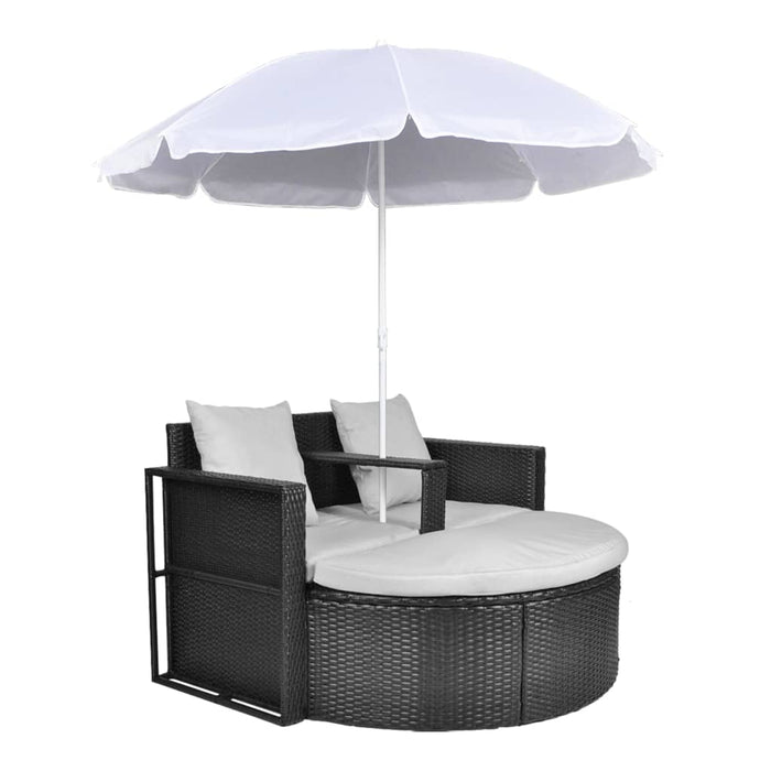 Tuinbed met parasol poly rattan zwart