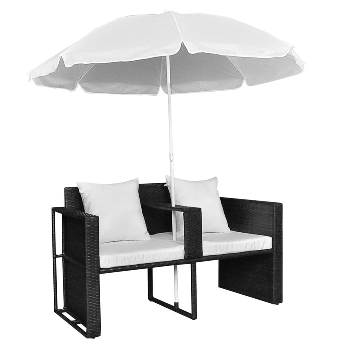 Tuinbed met parasol poly rattan zwart