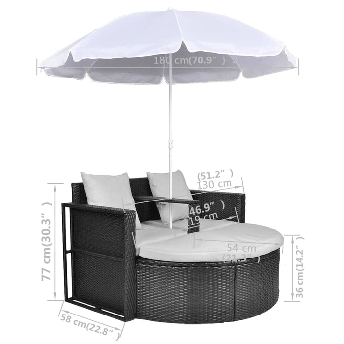 Tuinbed met parasol poly rattan zwart