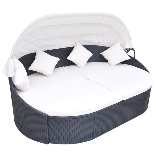 Loungebed met luifel poly rattan zwart