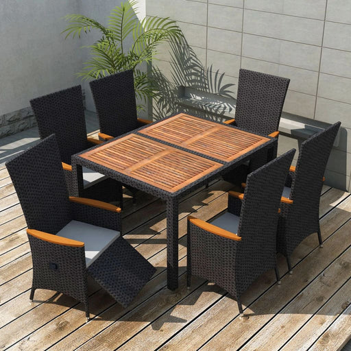 7-delige Tuinset poly rattan acaciahout zwart