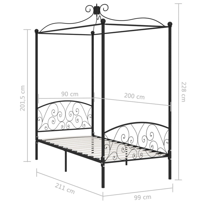 Hemelbedframe metaal zwart 90x200 cm