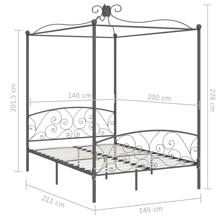 Hemelbedframe metaal grijs 140x200 cm