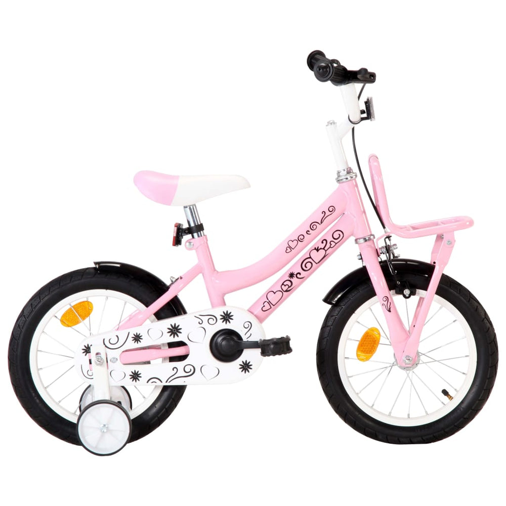 Kinderfiets met voordrager 14 inch wit en roze