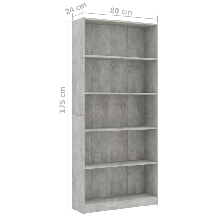 Boekenkast met 5 schappen 80x24x175 cm bewerkt hout betongrijs