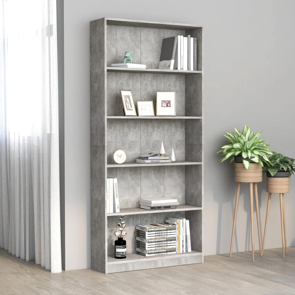 Boekenkast met 5 schappen 80x24x175 cm bewerkt hout betongrijs