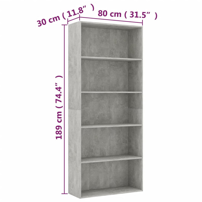 Boekenkast met 5 schappen 80x30x189 cm spaanplaat betongrijs