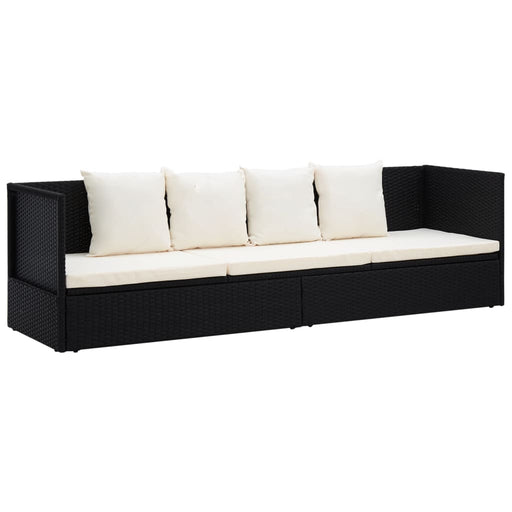 Tuinbed met kussens poly rattan zwart