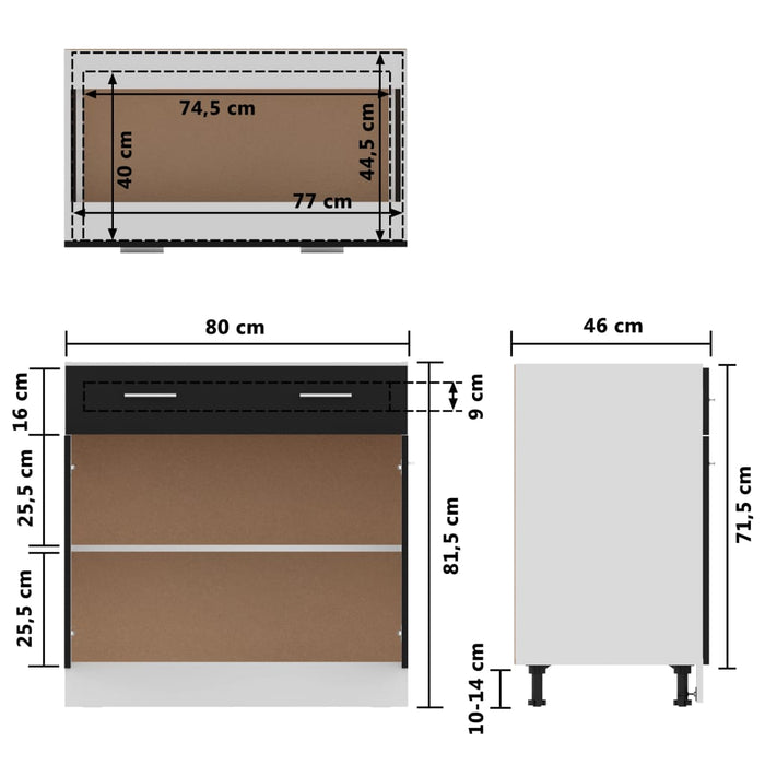 Onderkast met lade 80x46x81,5 cm spaanplaat zwart