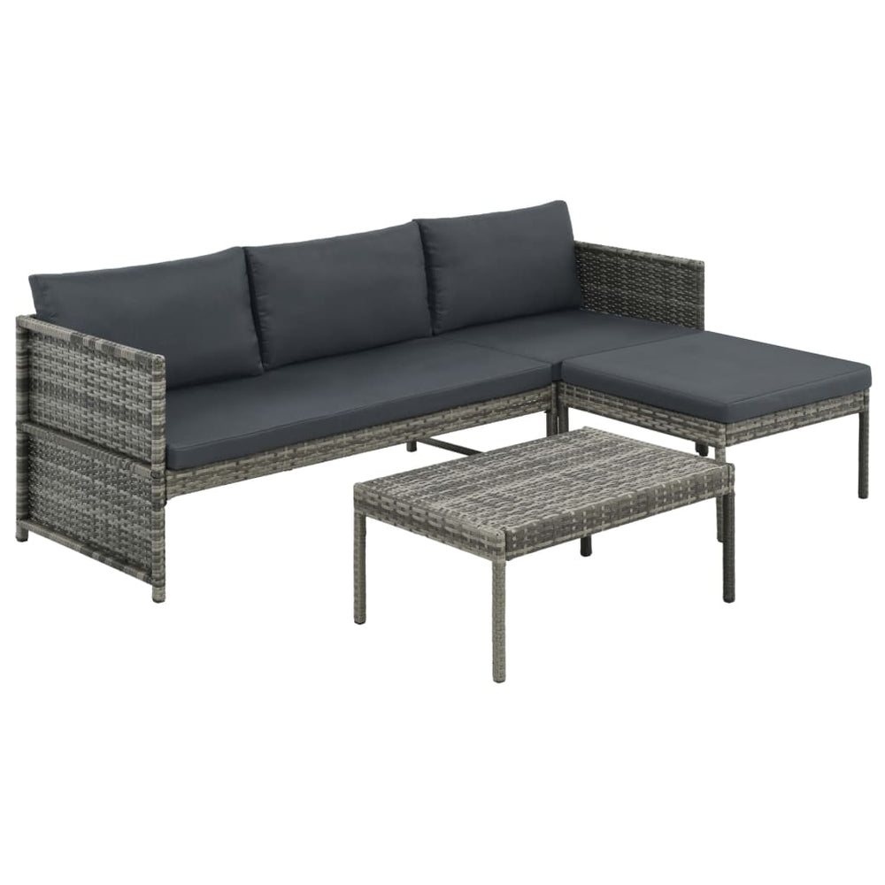 3-delige Loungeset met kussens poly rattan grijs