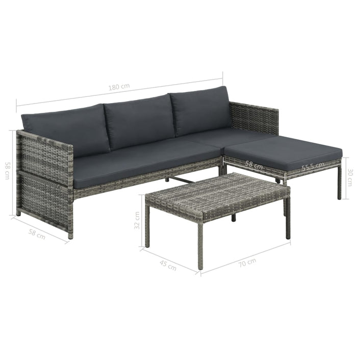 3-delige Loungeset met kussens poly rattan grijs