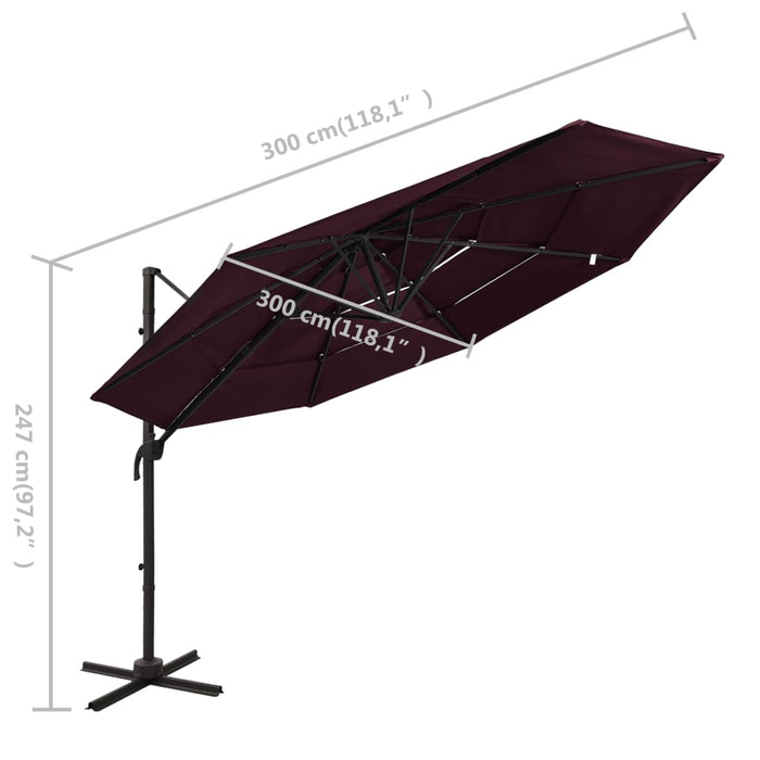 Parasol 4-laags met aluminium paal 3x3 m bordeauxrood