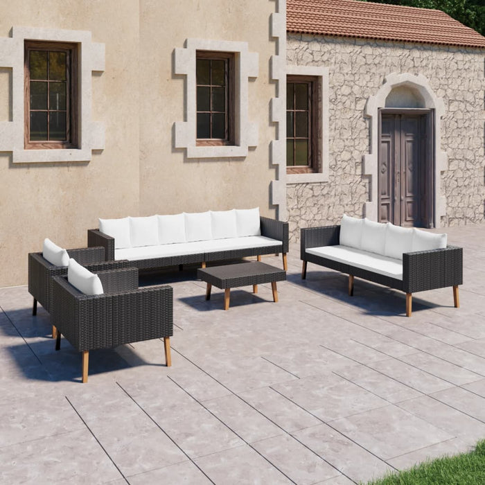 5-delige Loungeset met kussens poly rattan zwart