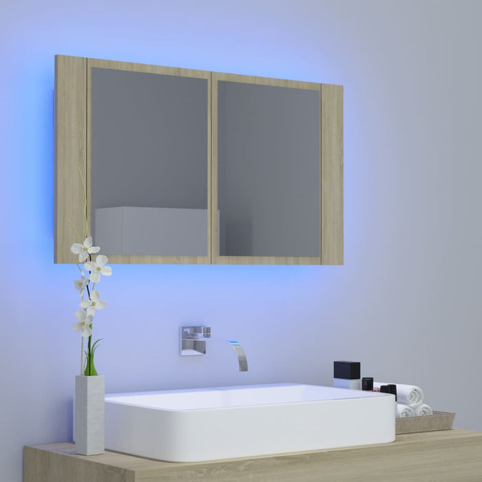 Badkamerkast met spiegel en LED 80x12x45 cm sonoma eikenkleurig