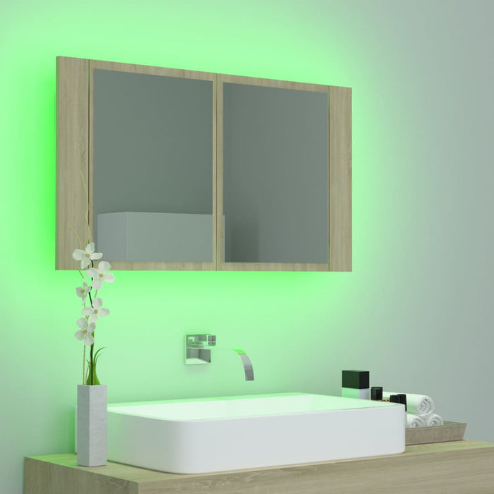 Badkamerkast met spiegel en LED 80x12x45 cm sonoma eikenkleurig