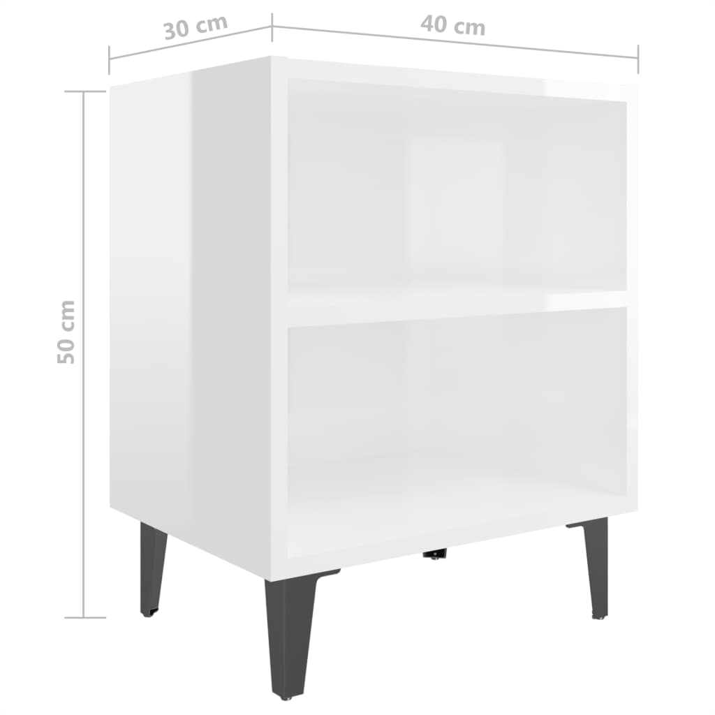 Nachtkastjes 2 st met metalen poten 40x30x50 cm hoogglans wit