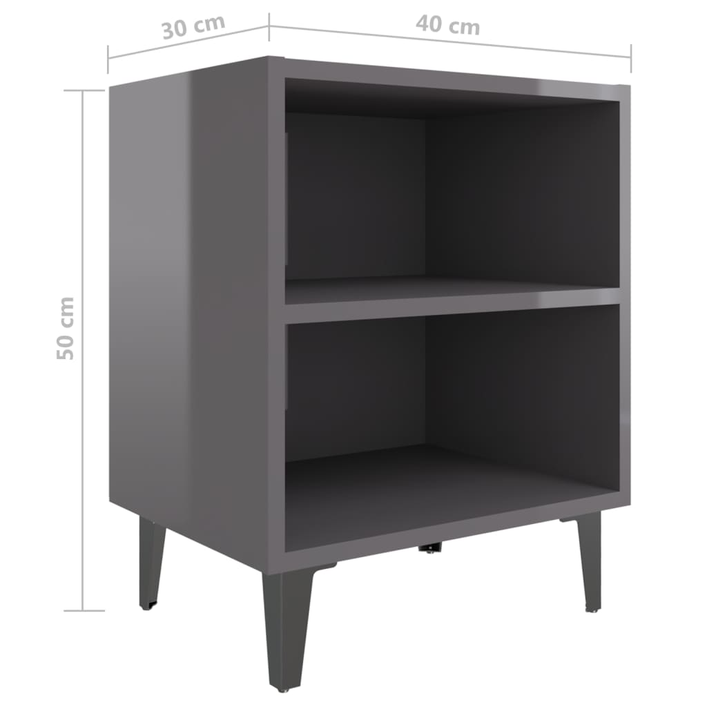 Nachtkastjes 2 st met metalen poten 40x30x50 cm hoogglans grijs