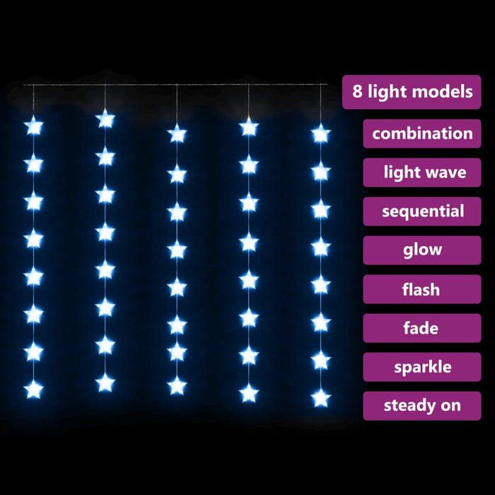 Lichtsnoergordijn sterren met 200 LED's en 8 functies blauw