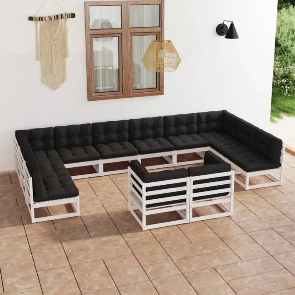 12-delige Loungeset met kussens massief grenenhout wit