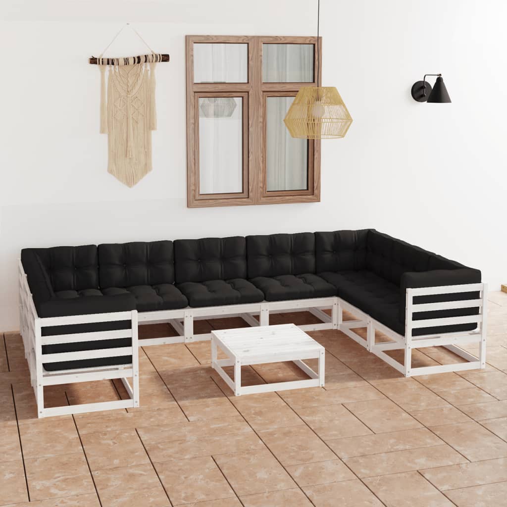 10-delige Loungeset met kussens massief grenenhout wit